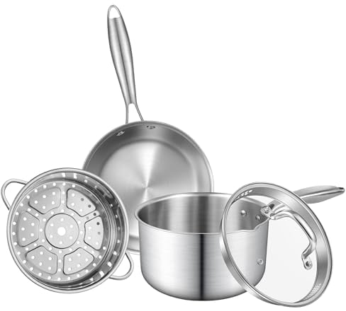 Buttermelt Pots and Pans Set- Tri-ply Full Body Stainless Steel Cookware Set, 3.5 QT Saucepan with Steamer Basket & 7 Inch Frying Pan Skillet, Pots and Pans for Boiling Gravies, Pasta, Noodles, Omelet