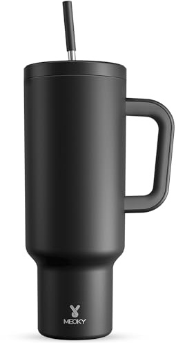 Meoky 50oz Tumbler with Handle, Tumbler with Lid and Straw, Insulated Stainless Steel Travel Mug, 100% Leak Proof, Keep Cold for 36 Hours or Hot for 12 Hours(Black)