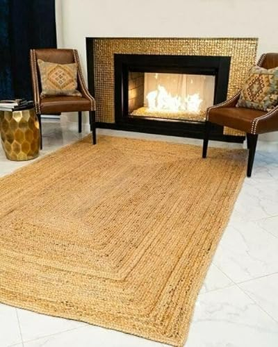 EcoKunst Jute Teppich Rechteckig Wohnzimmer | 60 x 90 cm I Modern Handgefertigt 100% Naturfaser Läufer | Boho Deco für Schlafzimmer, Küche, Outdoor, Flur - Beige, EKR-J111