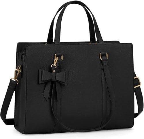 NEWHEY Laptop Tote Bags for Women 15.6 Inch Ladies Leather Laptop Handbags Designer Office Shoulder Bag Womens for Work School Business Shopping Black
