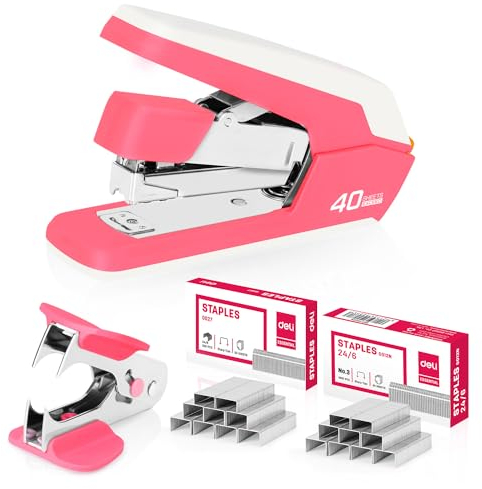 deli Heftgerät Schreibtisch Tacker Bürobedarf, kompatibel mit 24/6, 26/6, 24/8 Heftklammern, bis zu 40 Blatt, bis zu 80% kraftsparend, 65mm Hefttiefe, mit Entklammerer & 1500 Tackernadeln (Magenta)