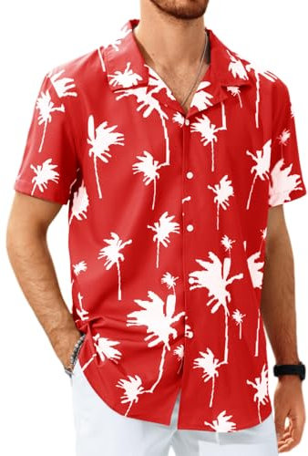 Plilima Hawaiian Shirts for Men Short Sleeved Shirts Summer Aloha Funky Shirts Beach Party Holiday Shirts Red XL