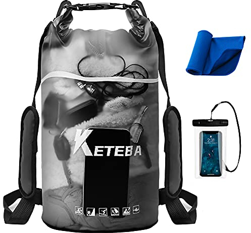 Ruayia Dry Bag - 2L, 5L, 10L, 20L wasserdichte Tasche mit Schultergurt und wasserfester Handyhülle, IPX8 Wasserdichter Packsack für Boot, Kajak, Angeln, Rafting, Schwimmen und Strand - Schwarz(2L)