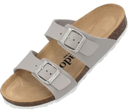 Palado Pantoletten Damen Samos - elegante Sandalen Made in Spain - bequeme Hausschuhe mit dämpfendem Kork-Fußbett - modische Sommerschuhe Matt Grau UK4,5 - EU37