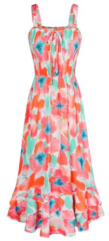 GRACE KARIN Robe Trapèze à Fleurs pour Femmes Maxi sans Manches à Bretelles Spaghetti de Vacances L Fleurs Roses-Oranges sur Blanc