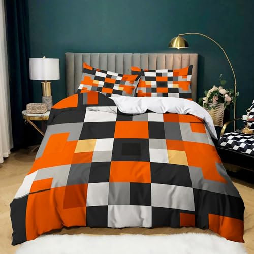 Bettwäsche 135x200 cm Kariert Orange Grau Bettbezug Set 3 teilig Bettbezüge mit Kissenbezüge, Mikrofaser Bettwäsche-Sets mit Reißverschluss Weich und Bügelfrei