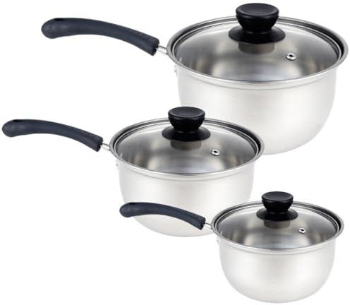 3Pcs Stainless Steel Saucepan Cookware Set with Glass Lids & Handles, Pot Kitchen Cook Home Chef Cooking Sauce Pan, 16cm, 18cm, 20cm