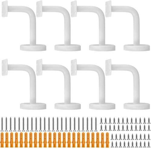 FUNSUEI 8 Pack 60x80mm Heavy Duty Flat Hand Rail Brackets, White Bannister Support Brackets Wall Mounted Handrail Brackets with Mounting Screws for Wood Handrail and Metal Handrail