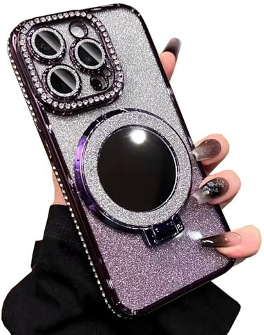 BANAILOA Compatible with iPhone 14 Pro Max Case with Kickstand,Luxury Plating Bling Glitter Case Rhinestones Sparkle Soft Camera Lens Protective Slim Phone Case - 6.7 inch (Purple)