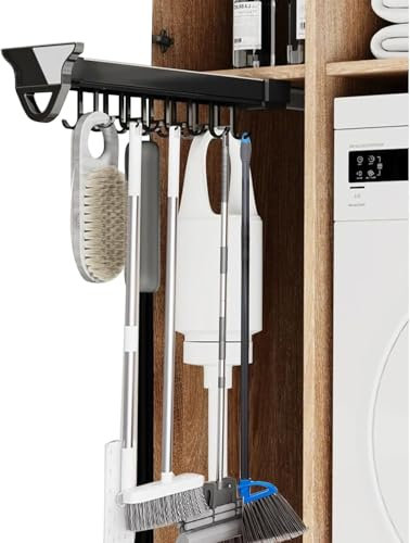 MIDUOLAI Soporte ExtraíBle Escoba Y Fregona con Ganchos Resistentes Sartenes Ollas Estantes para Gabinetes ExtraíBles Organizador Multifuncional para Escobas Y Trapeadores,Negro,560mm/22inch