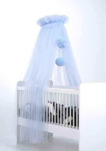 Baldacchino in tulle, baldacchino per culla, culla principessa, lettino per bambini, zanzariera, decorazione per la cameretta dei bambini, 165 cm, con pompon, tortora (blu)