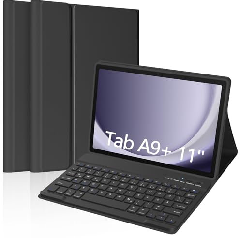 aMZCaSE Bluetooth-Tastaturgehäuse für Samsung Galaxy Tab A9+/ A9 Plus 11 Zoll 2023(SM-X210/X216/X218), DE Layout Slim Wireless abnehmbare Tastatur mit Auto Wake/Sleep Cover (A9PLUS(Schwarz))