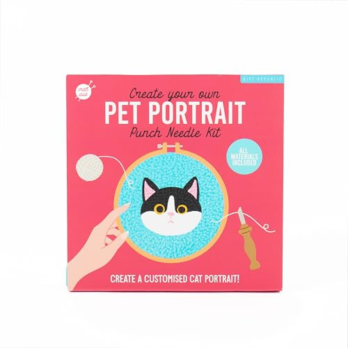 Gift Republic Pet Portrait Punch Needle Kit – Custom DIY Cat Portrait Craft Set – Includes Wool, Embroidery Ring, Punch Needle, Fabric & Instructions – Ideal Craft Gift for Pet Lovers