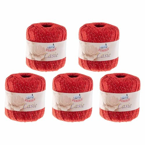 5 Knäuel Häkelgarn Lasie je 150m/50g mit Glitzer Sommergarn Strickgarn Glitzerwolle 15 Farben, Farbe:rot