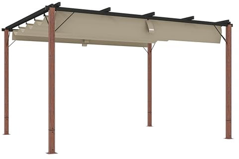 Outsunny Pérgola con Techo Retráctil Pérgola de Aluminio 4x3 m Cenador con Tela de Poliéster Anti-UV Resistente al Agua Pabellón para Jardín Patio Terraza Exterior Natural y Café