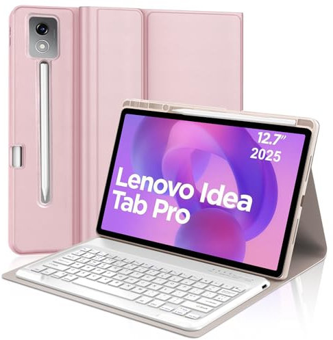 Keyboard Case for Lenovo Idea Tab Pro 12.7, UK Layout Magnetically Detachable Wireless Bluetooth Keyboard with Protective Cover and Pencil Holder for Lenovo Idea Tab Pro 12.7 Inch 2025 Tablet, Pink