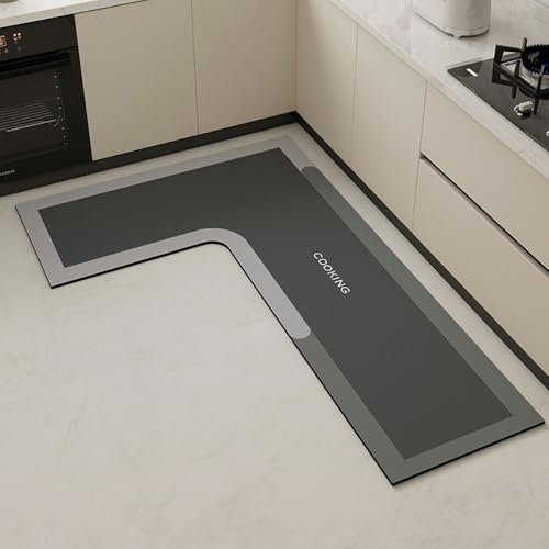 Hixingo Tapis Cuisine Antidérapant, Absorbant Diatomite Tapis de Cuisine, Côté Droit L Forme Tapis Cuisine Devant Evier Lavable Tapis de Bain Tapis Vaisselle Tapis Douche (Gris Cuisine,100x150cm)