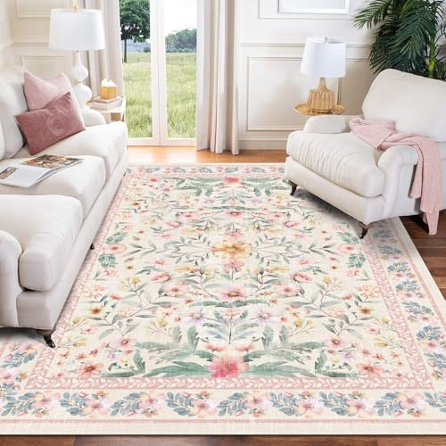 Grand tapis lavable de style bohème pour salon, chambre à coucher, salle à manger, chambre d'enfant, bureau, décoration d'intérieur, 0,9 x 1,5 m, rose, vert, beige