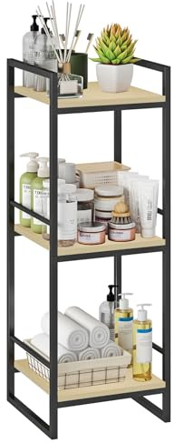 BYFU 3-stöckiges Badezimmer-Regal mit offenem Regal, freistehendes Metall-Eckregal für Badezimmer, Waschküche, Küche, Wohnzimmer, Schlafzimmer, helle Eiche