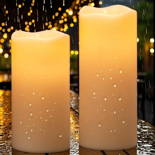Eldnacele Solar Kerzen Outdoor, wetterfestes 2er Set Ø 10 × 20/25 cm | Solarkerzen, LED Kerzen Outdoor, Dämmerungsschalter, cremefarben, Kunststoff, flackernd, für Garten, Terrasse und Balkon