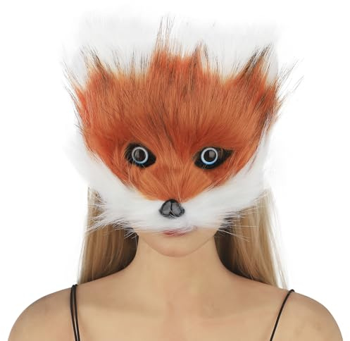 JIAHG Masque de Renard en Fausse Fourrure avec les Yeux Réalistes Masque d'Animal Peluche Cosplay Soirée à Thème Demi-visage Déguisement Halloween Carnaval Noël