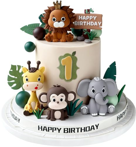 19PCS Safari Cake Topper, Jungle Wild One Cake Decorations | Animal Leaves Balls Cake Decorations for Safari Animals Theme Birthday Party Decorations