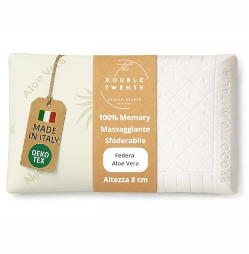 The Double Twenty | Cuscino Memory Foam BASSO 8 cm – Supporto Cervicale Ergonomico ad Alta Densità (Sostegno Deciso) – Modello Saponetta con Federa Aloe Vera – Ideale per Bambini e Posizione Supina