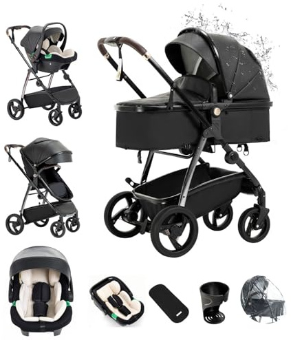 Kakbgee Kinderwagen 3 in 1 Leder, Buggy&Autositz, Einhand-Faltbarer | Wasserdichter Kombi-Kinderwagen mit Aluminiumrahmen, Regenschutz, geländegängig, für Neugeborene bis 4 Jahre, 22KG, Schwarz