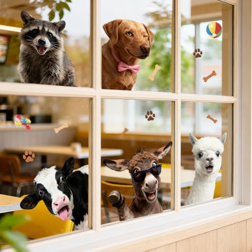 ANATTASOUL Hund und Alpaka Fensterbilder for Frühling Sommer | Doppelseitig Blickdichter Badezimmer Fensterbilder Kinderzimmer Wiederverwendbare Fensterbilder Frühling for Winter Herbst