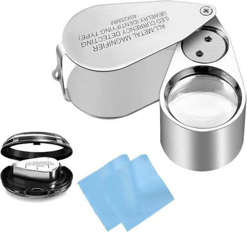 TNSLAND Juwelierslupe,Loupe Magnifier,Juwelier Lupe,Faltlupe mit LED- und UV-Licht,40X Vergrößerung Metall Faltlupe mit LED UV Licht Juwelierlupe für Diamanten,Juweliere,Münzen,Briefmarken,Fotos