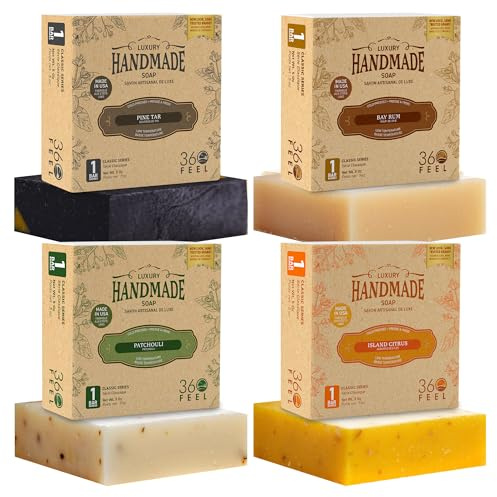 360Feel Men's Handmade Natural Soap bar - 4 Large Best Sellers Mens Soap Bar with Masculine fragrance- Bay Rum, Pine Tar, Patchouli, Citrus Soaps- Gift pack- Organic Mens Soap, Castile Mens Bar Soap