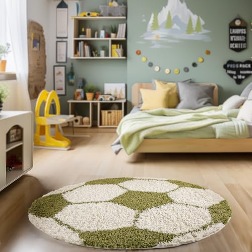 HomebyHome Runder Kinderteppich Hochflor Langflor Shaggy Fusball Design Kinderzimmer Babyzimmer Spielzimmer 30 mm Florhöhe Flauschig Weich Rund, Farbe:Grün, Grösse:120 cm Rund