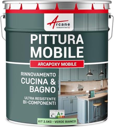 Peinture Meuble Cuisine, Salle de Bain - Résine Epoxy Bi-composant - ARCAPOXY MEUBLE - 2.5 kg (jusqu'à 30 m² en 2 couches) Vert Blanc - RAL 6019 - ARCANE INDUSTRIES