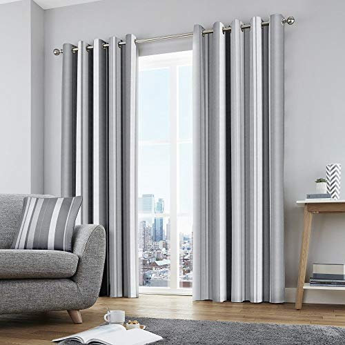 Fusion - Grey Stripe Curtains W66 x L54 (168 x 137cm) - 2x Panels - 100% Cotton - Grey Eyelet Curtains & Drapes for Bedroom & Living Room - Stripes Curtains in Grey - Matching Cushion Available