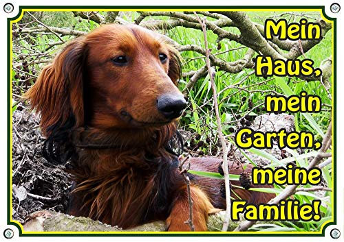 Petsigns Hundeschild - Langhaar Dackel - Warnschild hochwertig und haltbar aus Metall, DIN A4