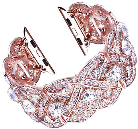 Vikoros Bracelet compatible avec Apple Watch 49 mm, 45 mm, 44 mm, 42 mm, Ultra iWatch Series 8 7 6 5 4 3 2 1 SE pour femmes et filles, joli bracelet extensible en métal avec strass de luxe, doré