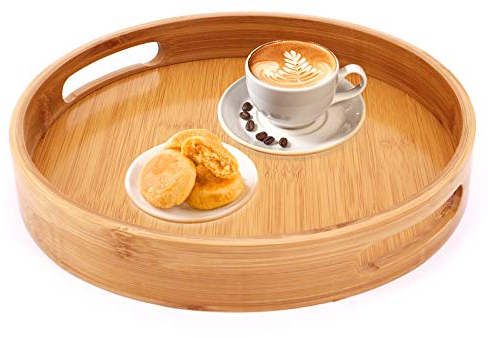Plateau de service en bambou, plateau de service rond avec poignées, plateau de petit-déjeuner plateau de service pour café vin café thé repas de fruits (30X30cm)