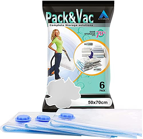 Accurate Pack of 6 Vacuum Compressed Storage Bags, Mould Moisture and Bug Proof, Double Zip High Sealing Triple Air Leak Patent Valve for Maximum Compression-MEDIUM(50X70CM)