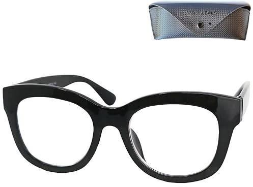 Blaulichtfilter Brille Damen mit UV-Schutz, Retro Dicker Rahmen Oversize | Markante eckige Oversize-Fassung, klare Gläser, 140 mm breit und 31 g; schwarzes Etui inklusive