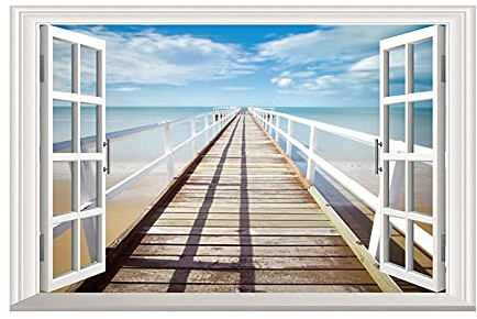 Adesivo 3D da parete con finestra finta, con scritta Beach Seaside Pathway