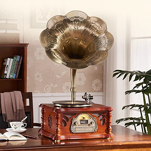 ROUOHUD Gramophone avec pavillon,Tourne-Disque Vinyle Vintage Ancien Big Horn Gramophone avec européen Bluetooth