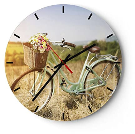 Modern Wanduhr Fahrrad Wiese Blumen 40x40cm Rund Groß Wand Uhr Glas Analog Zimmeruhren Küche Büro Wohnzimmer Glasuhr Wall Clock Dekoration Design Wanddekoration Küchenuhr C3AR40x40-4206