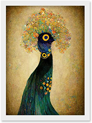 Doppelganger33 LTD Elegant Peacock Portrait In Emerald And Gold Gustav Klimt Artwork Framed Wall Art Print A4