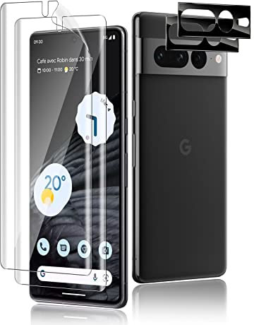 Funrae Schutzfolie für Google Pixel 7 Pro, 2 Stück HD Flexibler TPU Displayschutzfolie und 2 Stück Kamera Schutzfolie Panzerglas, Anti-Kratzen Fingerabdruck Unterstützen Transparent Soft Folie