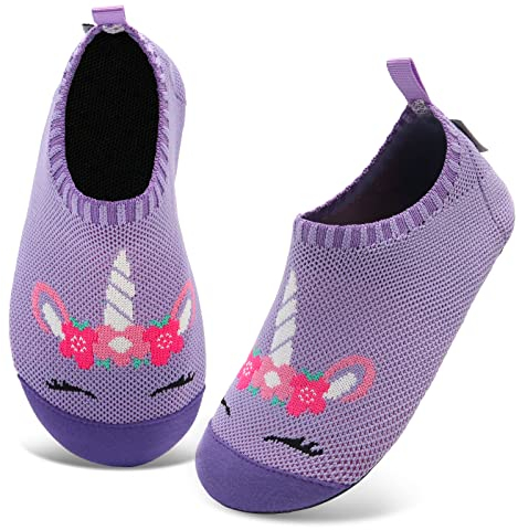 Kyopp Hausschuhe Kinder Junge Mädchen Pantoffeln Atmungsaktive Rutschfest Weich Barfussschuhe für Lauflernschuhe Kleinkinder Schuhe Kindergarten Unisex (Einhorn Lila 28/29EU)