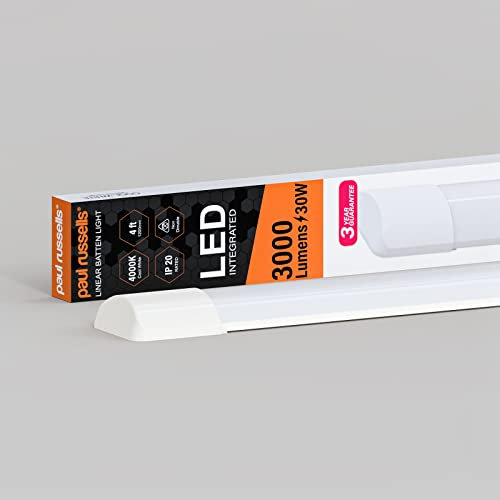 paul russells 4ft LED Batten, Ceiling Fitting Tube Light, 4000K Cool White, 30W, 3000 Lumens, Light for Office, Bathroom, Kitchen, Garage, Warehouse Fluorescent Lighting Replacement, 1 Pack