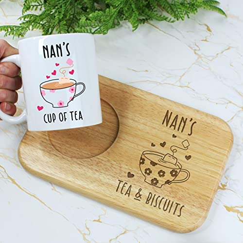 Nan's Tea & Biscuits Board & Mug Set, Wooden Treat Board with Cup of Tea Mug, Snack Tray, 350ml Coffee Mug, Mother's Day, Birthday Gifts for Nan