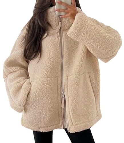 ORANDESIGNE Damen Fleece Jacke Einfarbig Teddyfleece Outdoor Bekleidung Stehkragen Kuschelige Reißverschluss Fleecemantel mit Taschen A Hellkaffee M