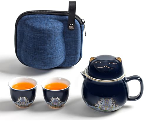 DEARART Magnifique ensemble de tasses à thé portable, tasse de 300ml,2 g et 2 tasses, large goulot facile à nettoyer, garde le thé chaud, infuseur de thé en vrac, chat mignon, bleu foncé