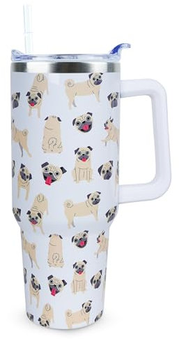 Xchearser Süßer Mops-Becher mit Griff und Strohhalm, Edelstahl-Isolierbecher mit Deckel und Strohhalm, Reisebecher, Wasserflasche, Geschenke für Frauen, 1,2 l